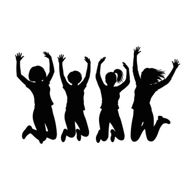 Kollarıyla zıplayan dört kadının siluetleri beyaz bir arkaplana karşı neşeli ve kutlama pozu vermişler.