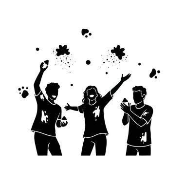 Üç arkadaş Holi festivalini kutluyor, renkli tozlar atıyor ve birlikte eğleniyorlar..