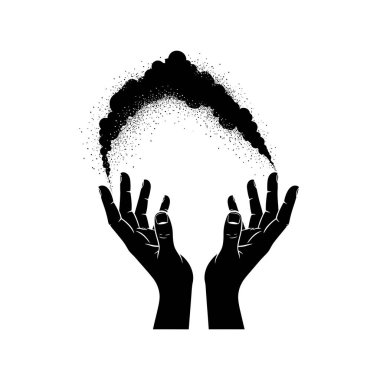 Bir çift siluetli el, siyah dumanla ya da toz bulutuyla yükseliyor, beyaz bir arka planda..