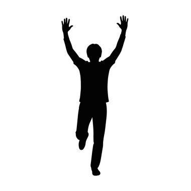 Tek bacağının üzerinde duran, iki kolu da havada, beyaz bir arka plana karşı zafer ya da neşe ifade eden bir insanın tüm vücut silueti..