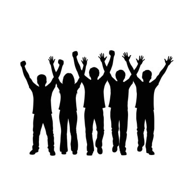 Silüet içinde beş kişi kollarını kaldırıp beyaz bir arkaplana karşı zafer ve kutlama jesti yaptılar.