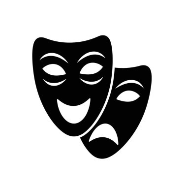 İki tiyatro maskesinin siyah ve beyaz çizimi, biri gülümseyen, diğeri çatık kaşlı, insani duyguların ve dramın ikiliğini temsil ediyor..