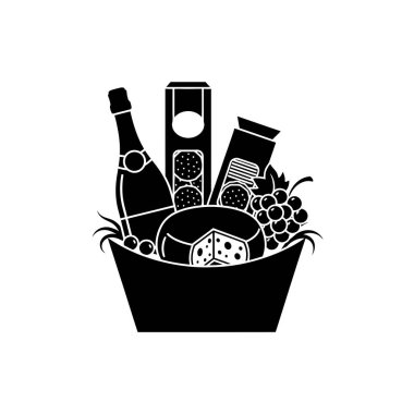 Bir şişe şarap, şampanya, peynir, üzüm ve paketlenmiş ürünlerle dolu sofistike bir siluet çizimi..