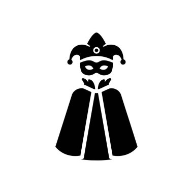 Sivri uçlu şapkalı ve dalgalı pelerinli bir soytarı maskesi tasvir eden basit bir siyah simge gizem ve eğlenceyi temsil ediyor..