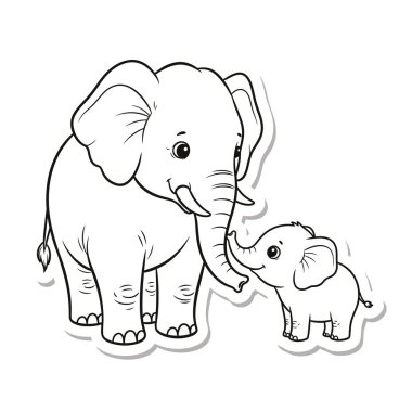 Yetişkin fil ve bebek filin bir arada durmasının siyah ve beyaz çizimi