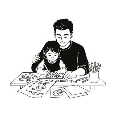 Kızına çizimde yardım eden bir babanın tasviri