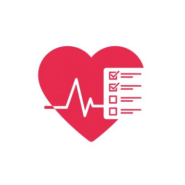 Kalp atışı ve kontrol listesi olan kırmızı bir kalp, sağlık kontrolü ve sağlık kontrollerini sembolize ediyor..