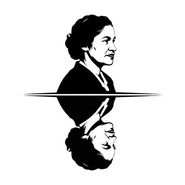 Rosa Parks 'ın siyah beyaz çizimi, yatay çizginin altındaki yansıması, onun etkisini ve mirasını simgeliyor..