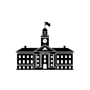 Seçkin bir saat kulesi ve üzerinde dalgalanan bir bayrağın yer aldığı geleneksel bir belediye binasının çarpıcı siyah beyaz silüeti..