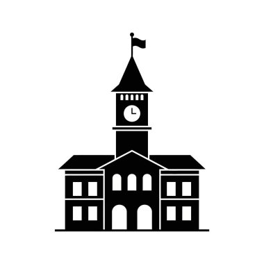 Geleneksel bir üniversite ya da üniversite binasının siyah silueti. Üzerinde belirgin bir saat kulesi, üstünde bayrak ve birden fazla pencere var..