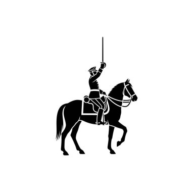 Atlı bir askerin çarpıcı siyah silueti, havada bir kılıç tutuyor, gücü ve komutayı simgeliyor..
