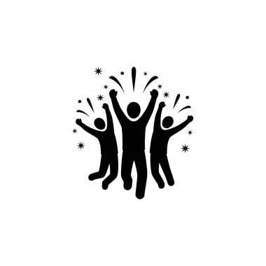 Kollarını kaldırıp kutlama yapan, soyut havai fişekler ve yıldızlarla çevrili üç stil figürü, neşe ve zaferi simgeliyor.