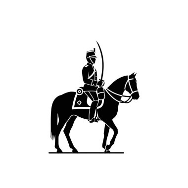 Süvari üniformalı bir askerin çarpıcı siyah silueti, bir atın üzerine monte edilmiş, elinde bir kılıç, tarihsel bir şekilde tasvir edilmiş..