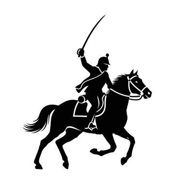 Üniformalı bir süvari askerinin siyah silueti. Ata biniyor ve kılıcını havaya kaldırıyor. Savaşa hazır..