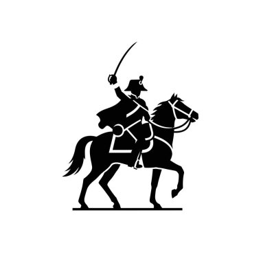 At sırtında, elinde kılıç, süvarileri ve savaşları temsil eden tarihi bir askeri figürün siyah silueti..