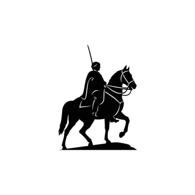 Çarpıcı bir siyah siluet, muhtemelen bir savaşçı ya da şövalye, elinde bir silah ya da sopayla ata biniyor..