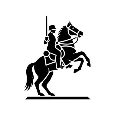 At sırtında, elinde kılıç tutan, arka ayakları üzerinde duran bir adamın çarpıcı siyah silueti..