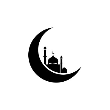 Minareleri ve kubbesi olan bir caminin siyah silueti, hilal ay kıvrımında, beyaz bir arkaplana karşı..