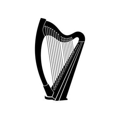 Klasik bir arpın çarpıcı siyah silueti, beyaz bir arkaplanda izole edilmiş bir müzik aleti..