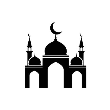 Üzerinde hilal olan bir caminin siyah silueti, beyaz arka planda izole edilmiş kubbeler ve minareler barındırıyor..