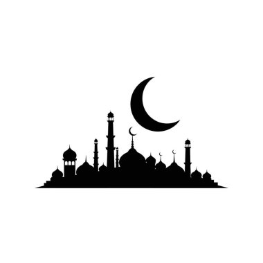 Çok sayıda kubbe ve minaresi olan bir caminin çarpıcı siyah silueti belirgin bir hilal ayıyla beyaz bir arkaplan üzerine kurulmuş..
