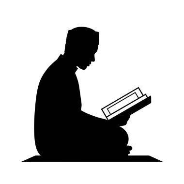 Müslüman bir adamın silueti beyaz arka planda oturup Kuran okuyor, kutsal bir İslam kitabı..