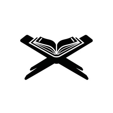 İslami inancı ve çalışmayı sembolize eden, geleneksel ahşap bir standın üzerinde duran, açık bir Kur 'an kitabının basit siyah beyaz simgesi..