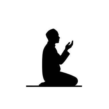 Geleneksel İslami kıyafetli bir adamın siyah silueti, diz çöküp dua ederken ellerini kaldırıyor, temiz beyaz bir arka planda izole edilmiş..