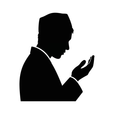 Profilde siyah siluet bir adam, kufi şapkası takıyor, elleri açık dua veya yakarış jesti yapıyor, beyaz bir arka planda izole edilmiş..