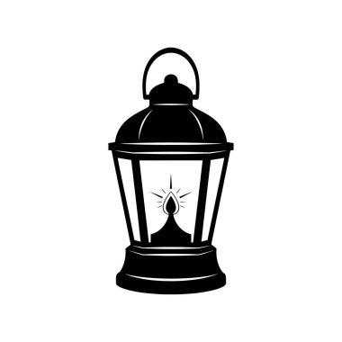 Eski moda bir fenerin klasik siyah-beyaz silueti içinde parlak, stilize bir alev bulunan, beyaz bir arka planda izole edilmiş.