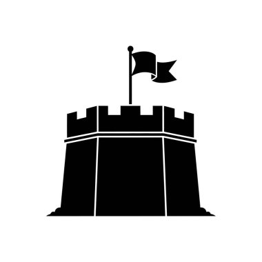 Üzerinde bir bayrak olan bir kalenin siyah-beyaz çizimi, gücü ve savunmayı simgeliyor..
