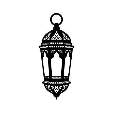 Geleneksel Ramazan fenerinin siyah bir silueti. Beyaz arka planda izole edilmiş, karmaşık desenleri var..