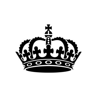 Kraliyet tacının minimalist siyah silueti. Üzerinde karmaşık detaylar ve temiz beyaz bir arkaplan üzerine kurulmuş bir haç var..