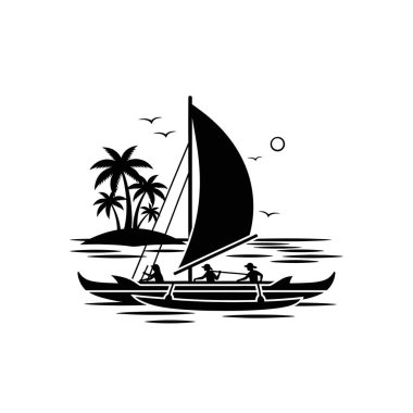 Siyah beyaz bir yelkenli silueti. Suyun üzerinde insanlar palmiye ağaçları ve kuşların uçtuğu küçük bir adanın yakınında.