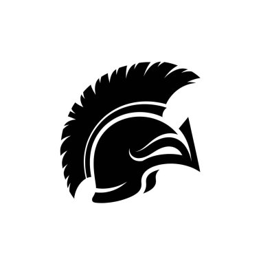 Bir Sparta miğferinin çarpıcı siyah silüeti, belirgin bir arma ve klasik tasarım içeriyor, temiz beyaz bir arkaplanda izole edilmiş..