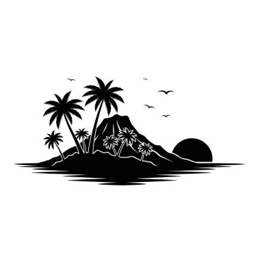 Tropikal bir adanın çarpıcı siyah silueti. Palmiye ağaçları, bir dağ ve suyun üzerinde batan bir güneş..