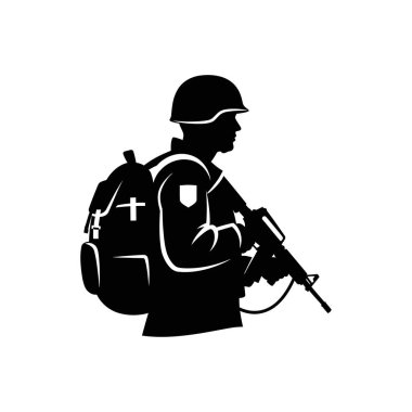 Saldırıya hazır, miğfer, tüfek ve sırt çantasıyla donatılmış siyah bir asker silueti..