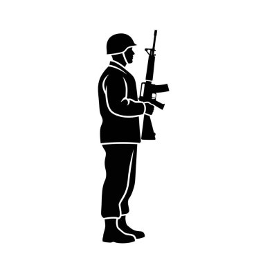 Üniformalı bir askerin silueti, elinde tüfekle, beyaz bir arkaplana karşı profil görüşünde duruyor..