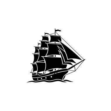 Tam yelkenli klasik bir yelkenli, açık sularda yüzer, simsiyah beyaz tasvir edilir..