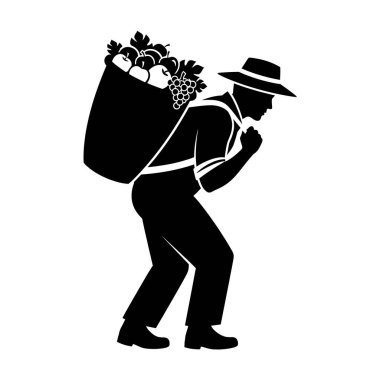 Bir çiftçinin silueti ya da sırtında ağır tarımsal işçilik ve hasat tasvirleri olan bir tarım işçisi..