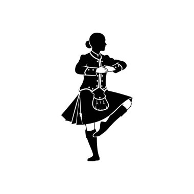 Geleneksel İskoç İskoç dansı yapan, İskoç silueti giyen, İskoç eteği giymiş, tek bacağını kaldırmış siyah bir kişi..