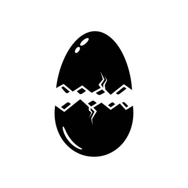 Kırık bir yumurtanın basit siyah siluet simgesi, yatay olarak bölünmüş, doğumu, yeni hayatı ya da kırılganlığı simgeliyor..