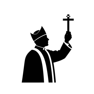 Geleneksel kıyafetli bir papazın silueti Hristiyan haçı sembolü taşıyor.