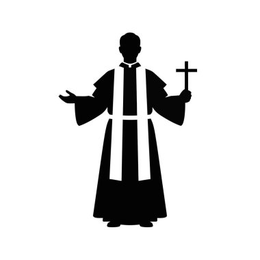 Elinde haç tutan siyah cüppeli bir rahibin silüeti. Bir eli hoş bir jest olarak uzatılmış..