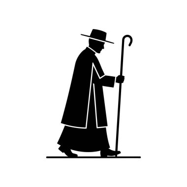 Geniş kenarlı bir şapka ve uzun, dalgalı bir palto giyen, baston tutan, yürürken yan profilinde tasvir edilen bir adamın siyah silüeti..