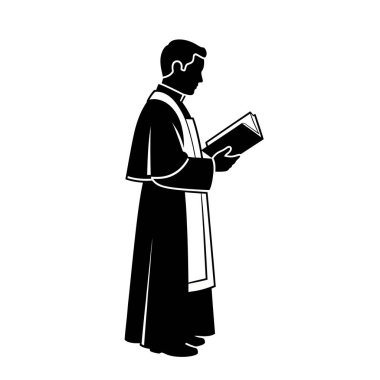 Profilde bir rahibin siyah beyaz silueti. Bir kitaptan, muhtemelen İncil 'den ya da dua kitabından..