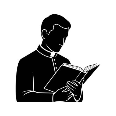 Bir rahibin ya da papazın muhtemelen bir İncil ya da dini metni okuduğu siyah beyaz bir çizim..