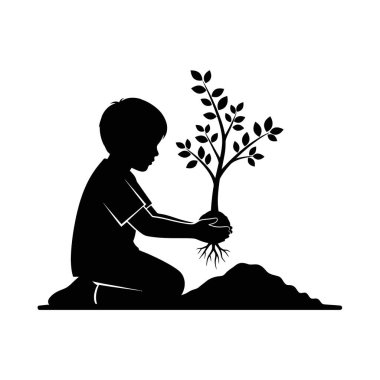 Küçük bir çocuğun silueti diz çöküp yere küçük bir ağaç fidanı dikiyor. Büyümeyi ve çevresel bakımı simgeliyor..