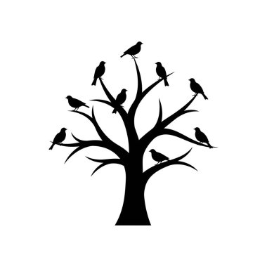 Ağacın simsiyah bir silueti, çeşitli dallarında dinlenen kuşlarla birlikte, beyaz bir arka planda..