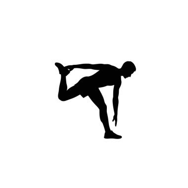 Siyah bir siluet bir adam bacak esneme gösterisi yapıyor, diğeri yukarı doğru eğilmiş ve beyaz bir arka planda elini tutuyor..